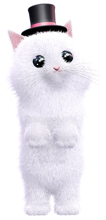 Mochi, a fluffy white kitten in a black top hat, standing on two legs